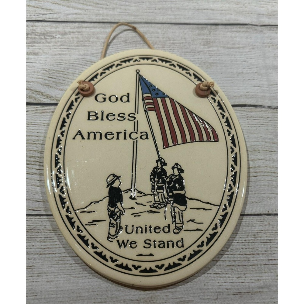 Trinity Pottery Oval Plaque God Bless America United We Stand Flag Firemen TubI